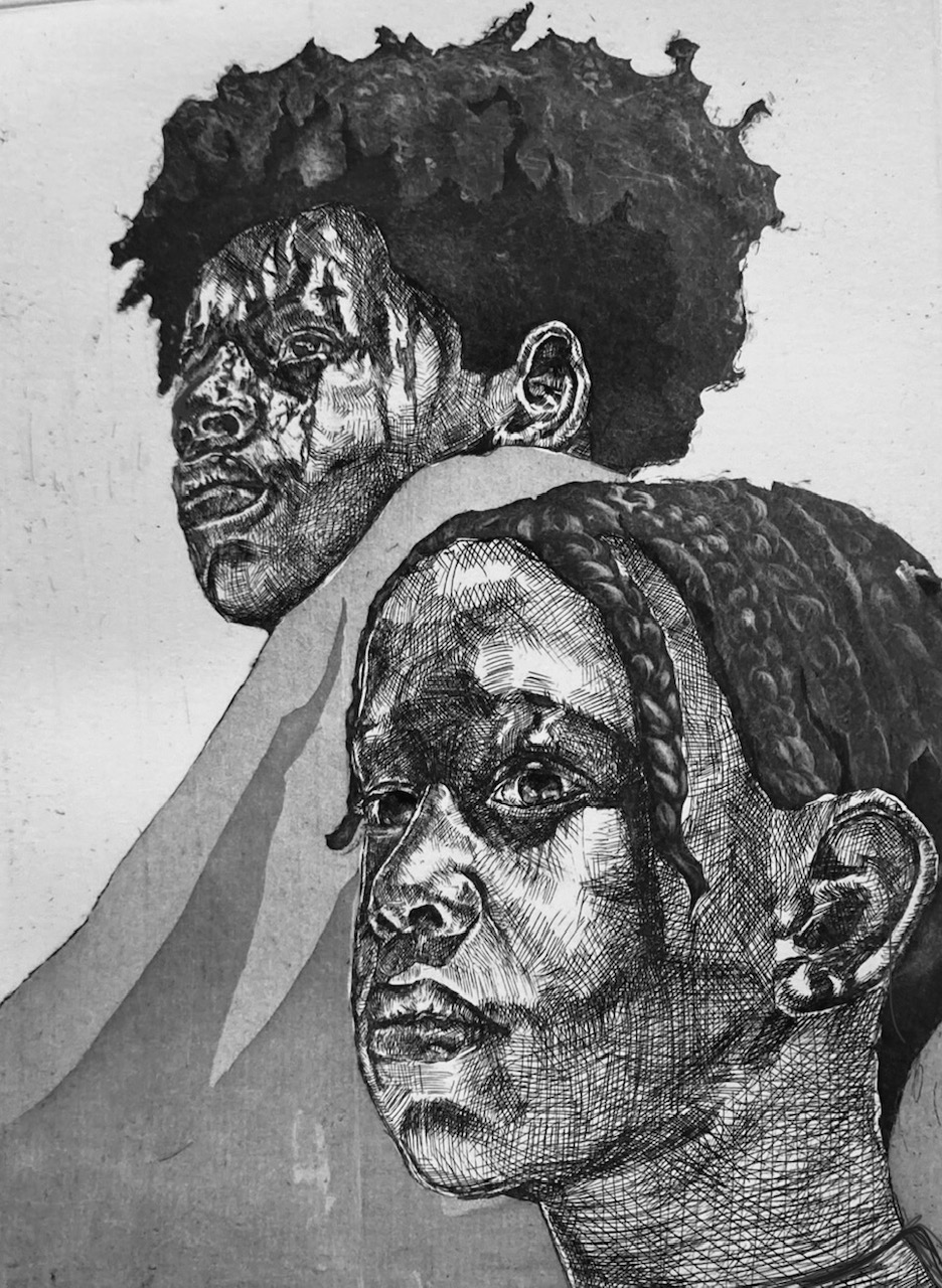 Saj Baldwin; Brothers, 2024; intaglio print from etched copper plate; 18 x 12 inches